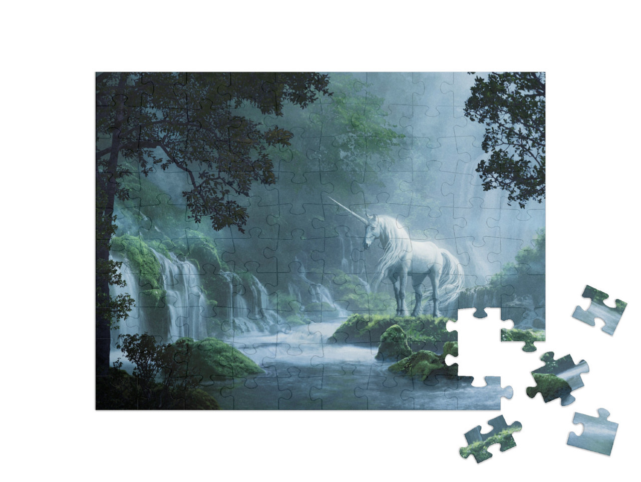 Puzzle 100 Teile „Ein schönes Einhorn in einem magischen Wald, digitale Illustration“