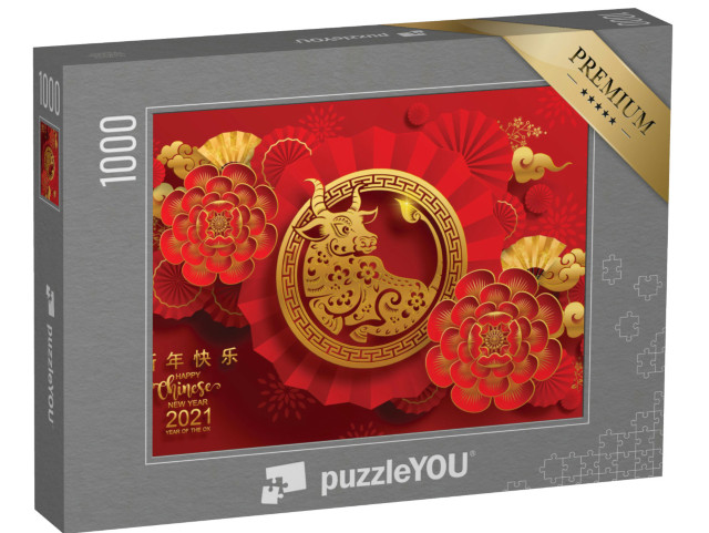 Puzzle 1000 Teile „Jahr des Ochsen, chinesisches neues Jahr 2021, rotes und goldenes Papier“