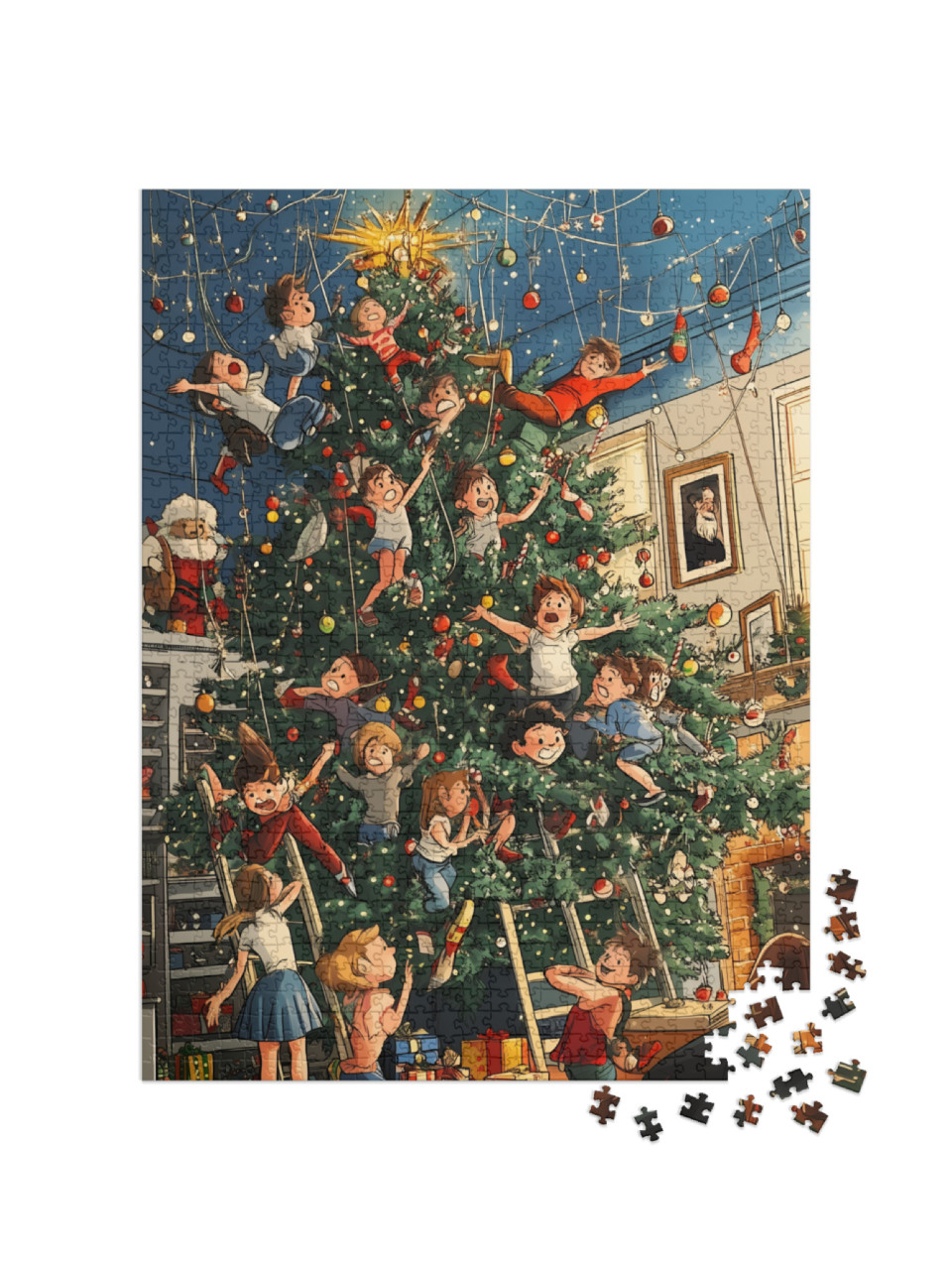 Puzzle 1000 Teile „Verrückte Weihnachten: Kinder toben im Christbaum“