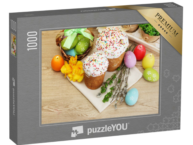 Puzzle 1000 Teile „Osterkuchen mit bunten Eiern und Ostereikerzen“