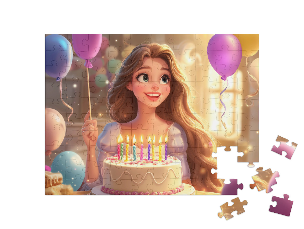 Puzzle 100 Teile „Eine Prinzessin mit ihrer Geburtstagstorte und Luftballons“