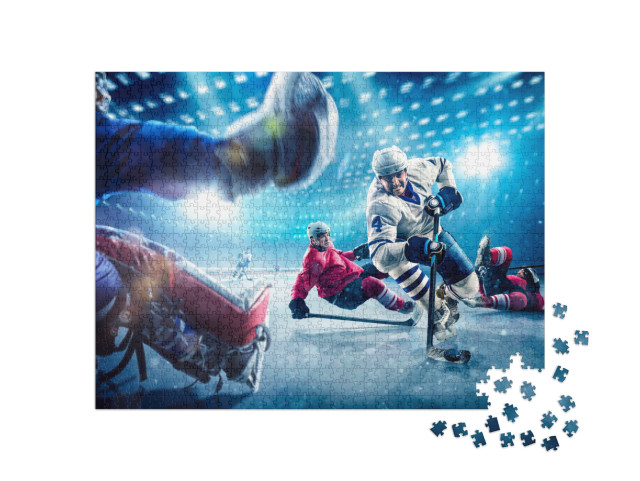Puzzle 1000 Teile „Hockeyspieler schießen den Puck und greifen an“