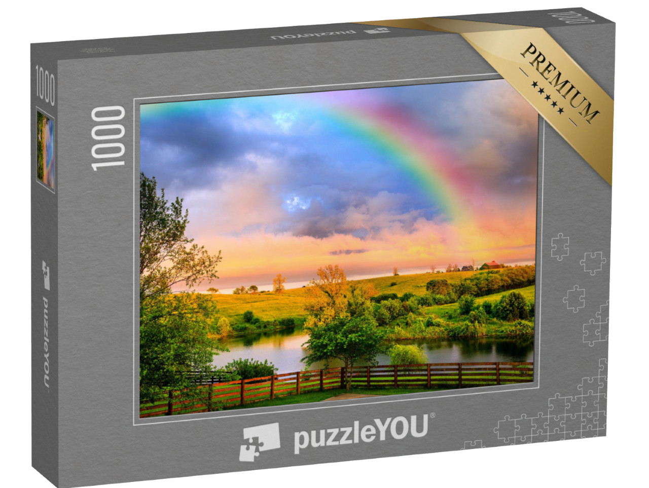 Puzzle 1000 Teile „Ruhige Landschaft nach dem Sturm mit leuchtendem Regenbogen“