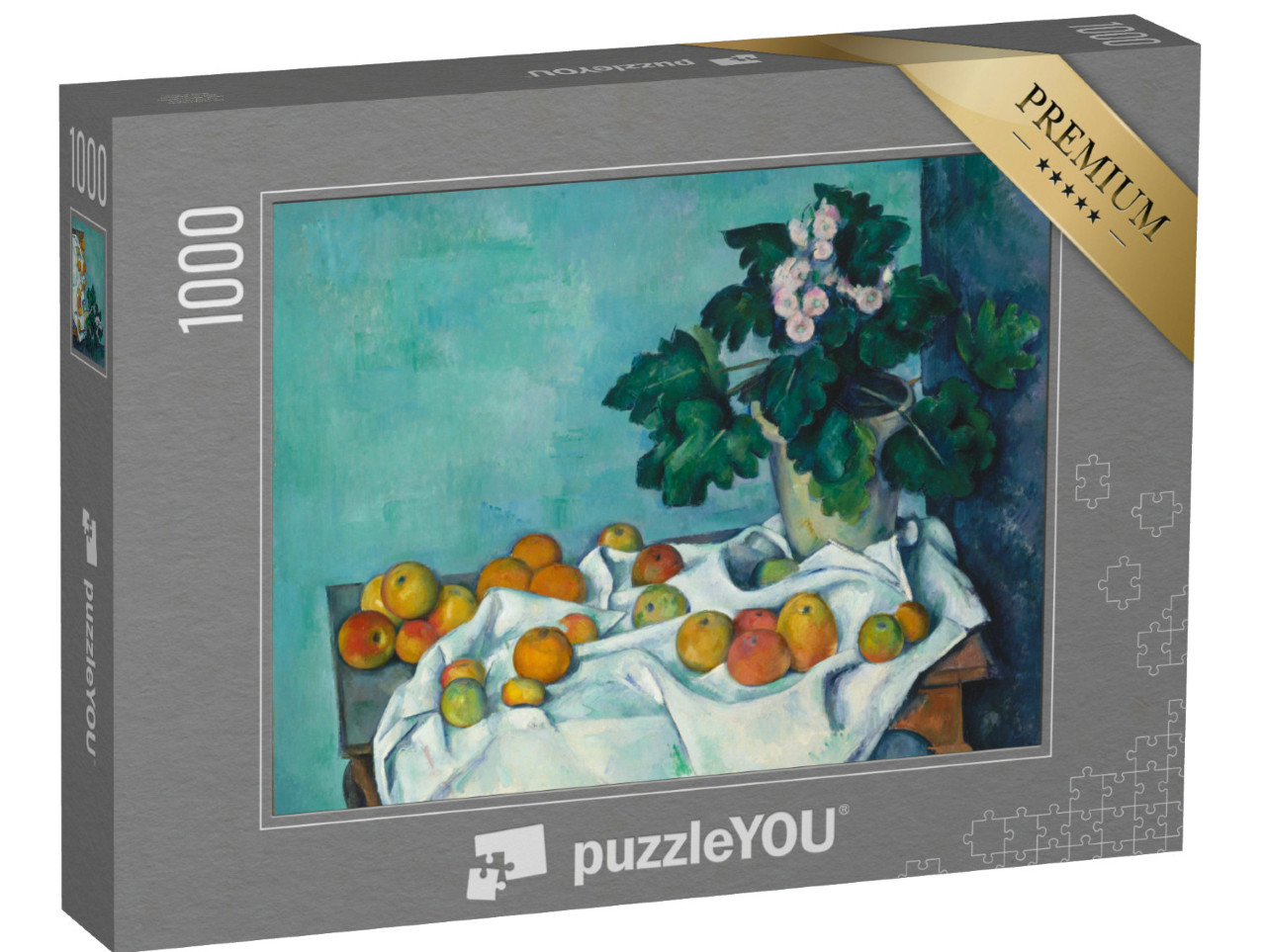 Puzzle 1000 Teile „Paul Cézanne - Stilleben mit Äpfeln und einem Topf mit Schlüsselblumen“