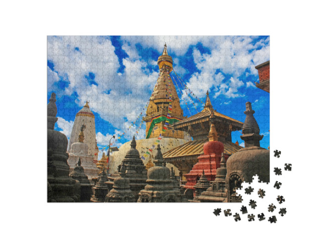 Puzzle 1000 Teile „Wunderschöne Ansicht des Swayambhunath oder Affentempels in Kathmandu, Nepal“