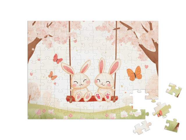 Puzzle 100 Teile „Die Hasis schaukeln in den Frühling“