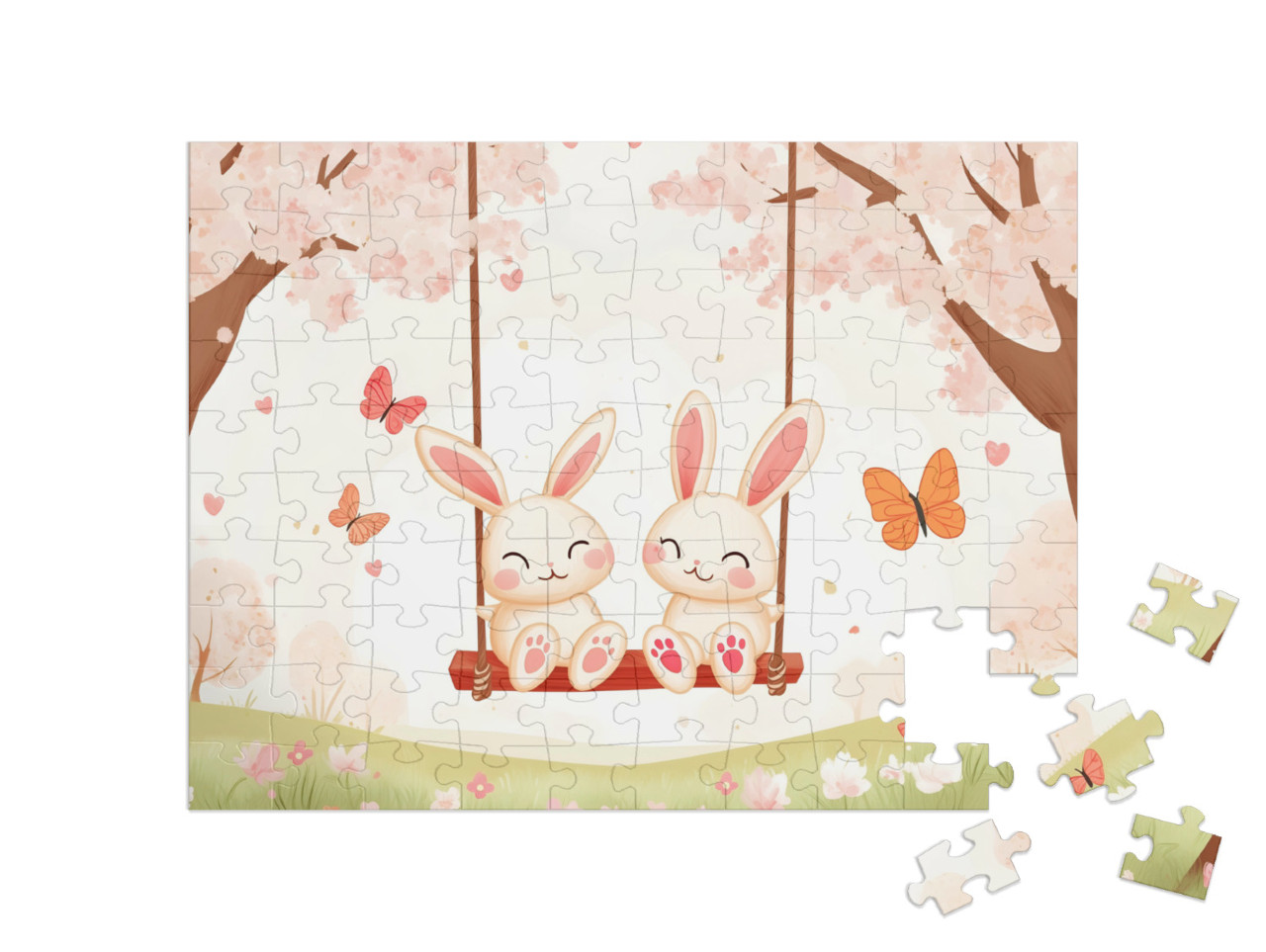 Puzzle 100 Teile „Die Hasis schaukeln in den Frühling“