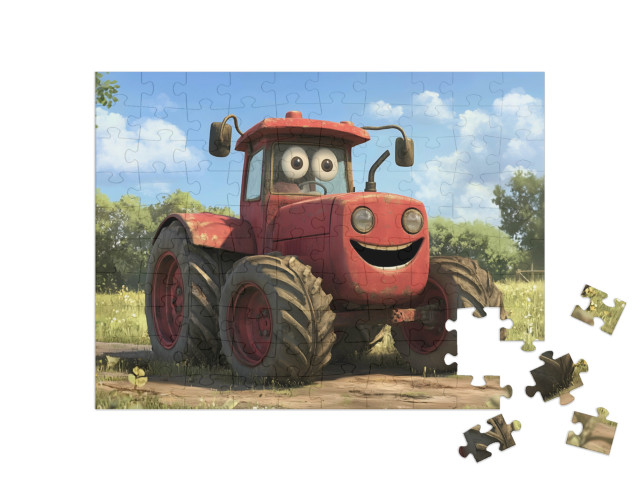 Puzzle 100 Teile „Der fröhliche, rote Traktor tuckert los“