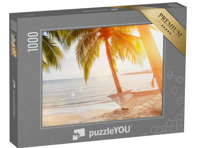 Puzzle 1000 Teile „Hängematte an einer Palme bei Sonnenuntergang“