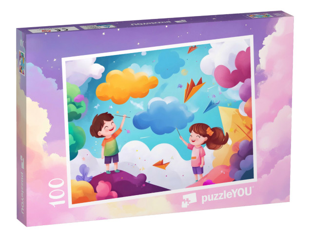 Puzzle 100 Teile „Papierflugzeuge und bunte Wolken“