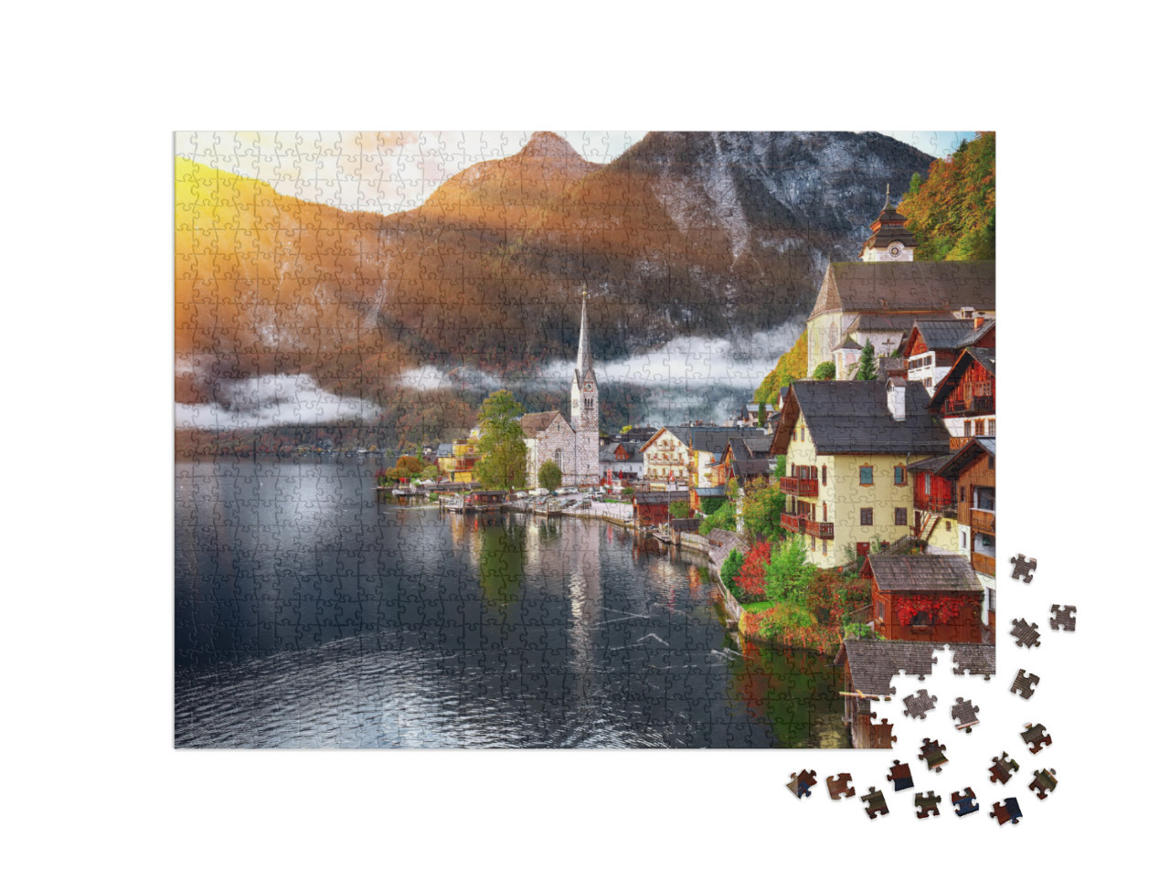 Puzzle 1000 Teile „Bergdorf Hallstatt mit Hallstätter See, Alpen, Österreich“