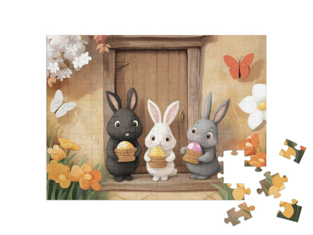 Puzzle 100 Teile „Die Hasenkinder haben ihr Osternest gefunden“