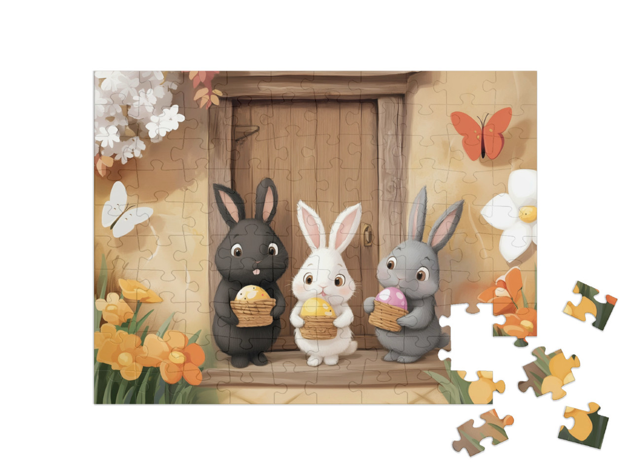 Puzzle 100 Teile „Die Hasenkinder haben ihr Osternest gefunden“
