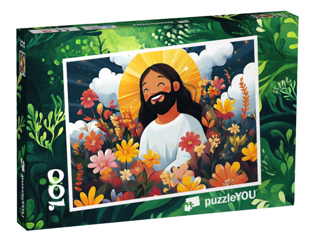 Puzzle 100 Teile „Jesus lachend auf einer Blumenwiese“