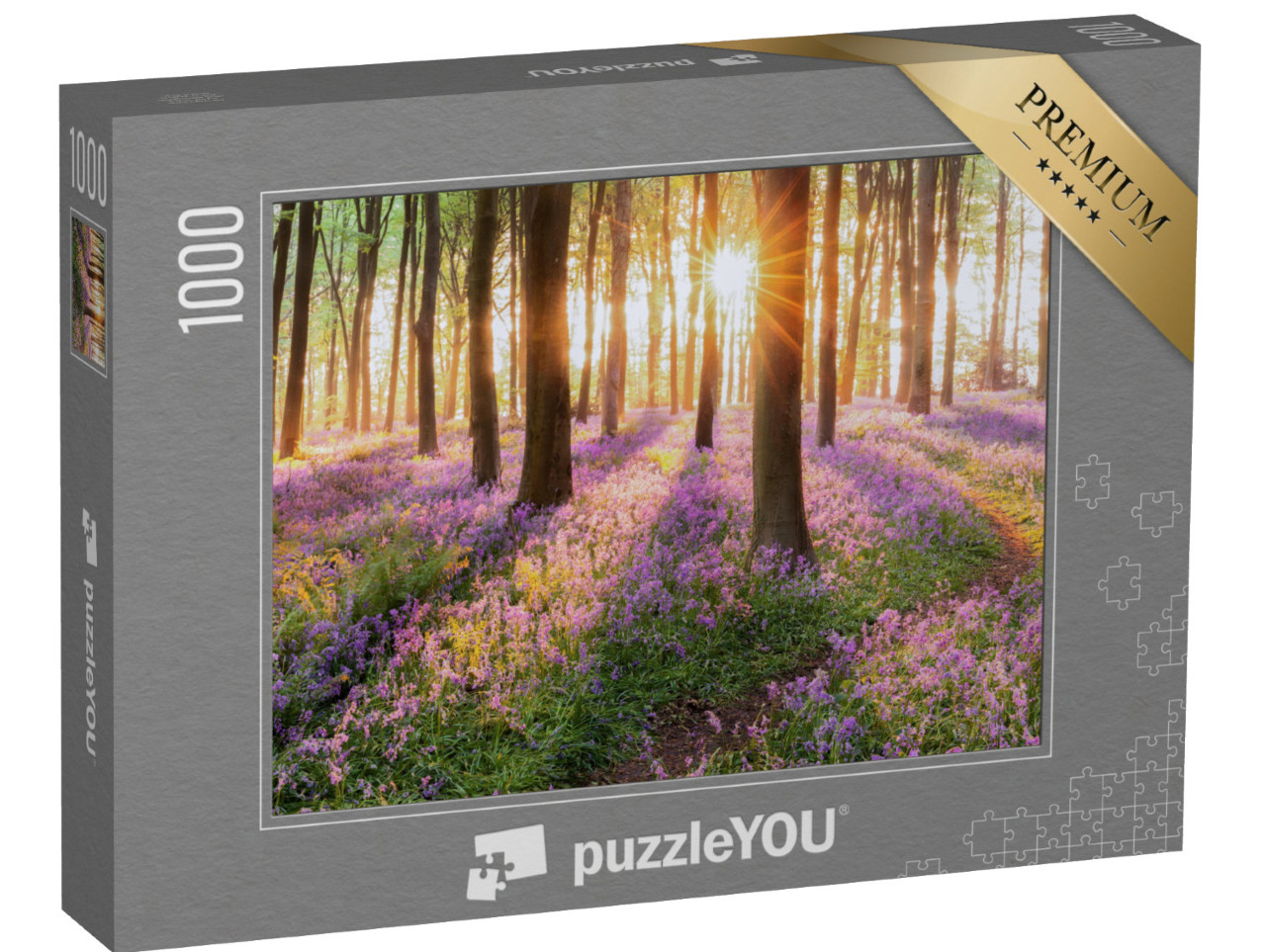 Puzzle 1000 Teile „Ein Meer von Blauglocken am Morgen im Wald“