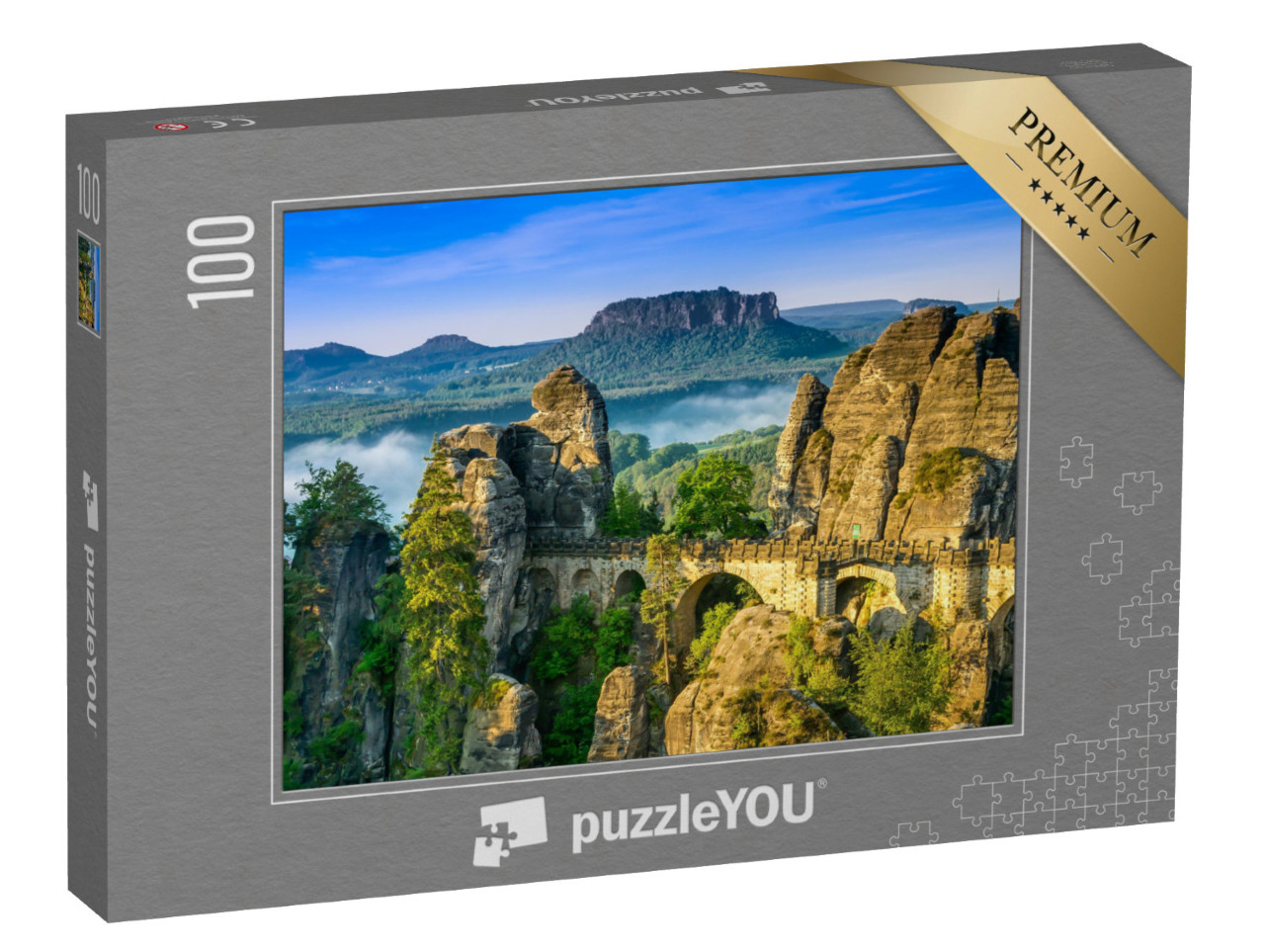 Puzzle 100 Teile „Sonnenaufgang an der Bastei in der Sächsischen Schweiz, Deutschland“