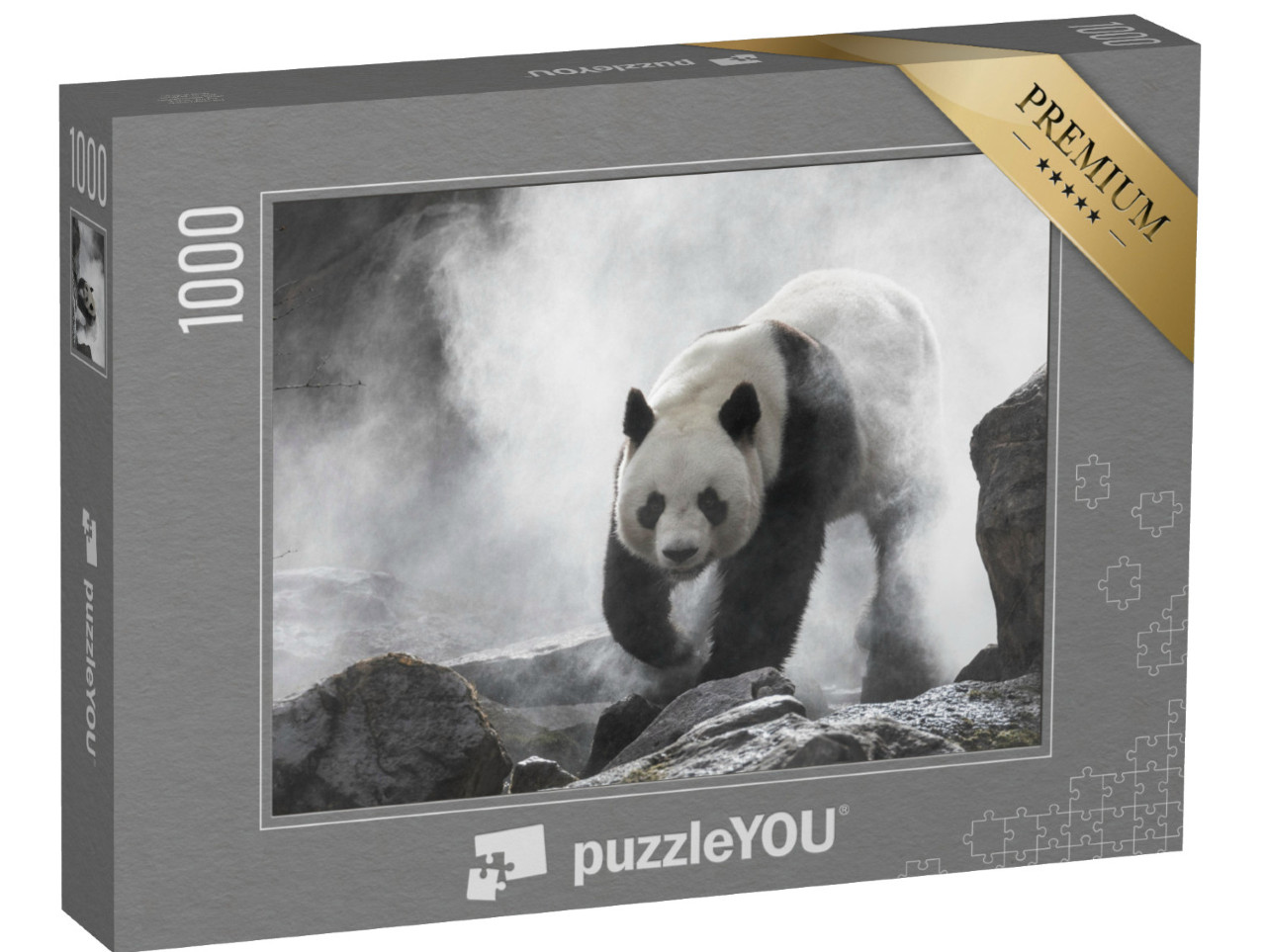Puzzle 1000 Teile „Großer Panda im Nebel, schwarz-weiß“