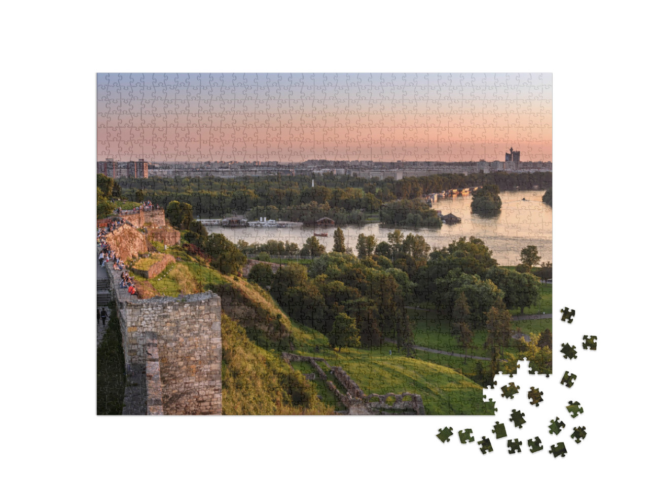 Puzzle 1000 Teile „Sonnenuntergang am Belgrad Turm Kalemegdan auf Sava Fluss“