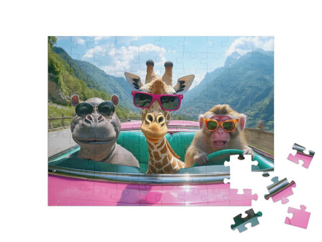 Puzzle 100 Teile „Nilpferd, Giraffe und Affe on Tour“