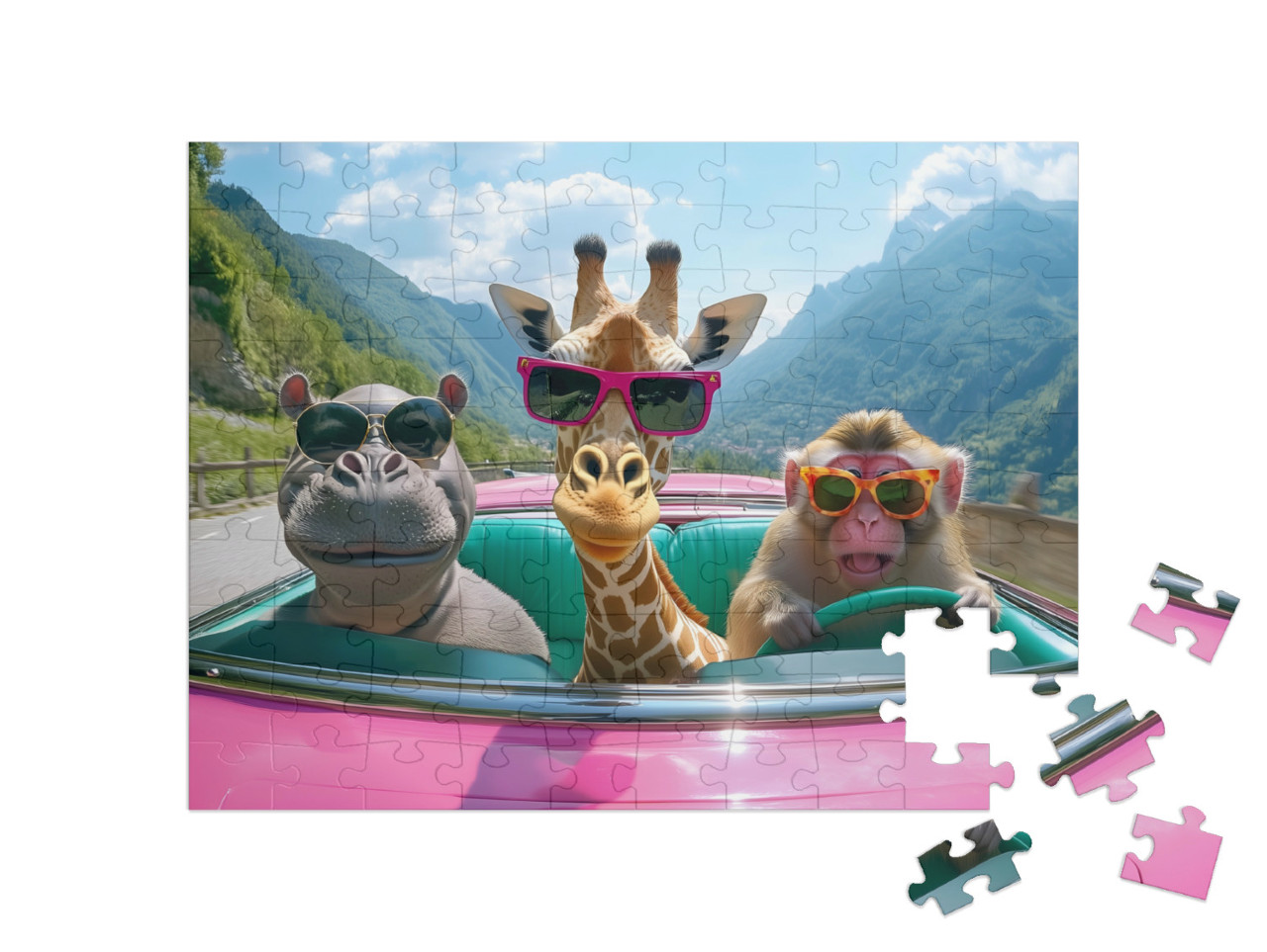 Puzzle 100 Teile „Nilpferd, Giraffe und Affe on Tour“