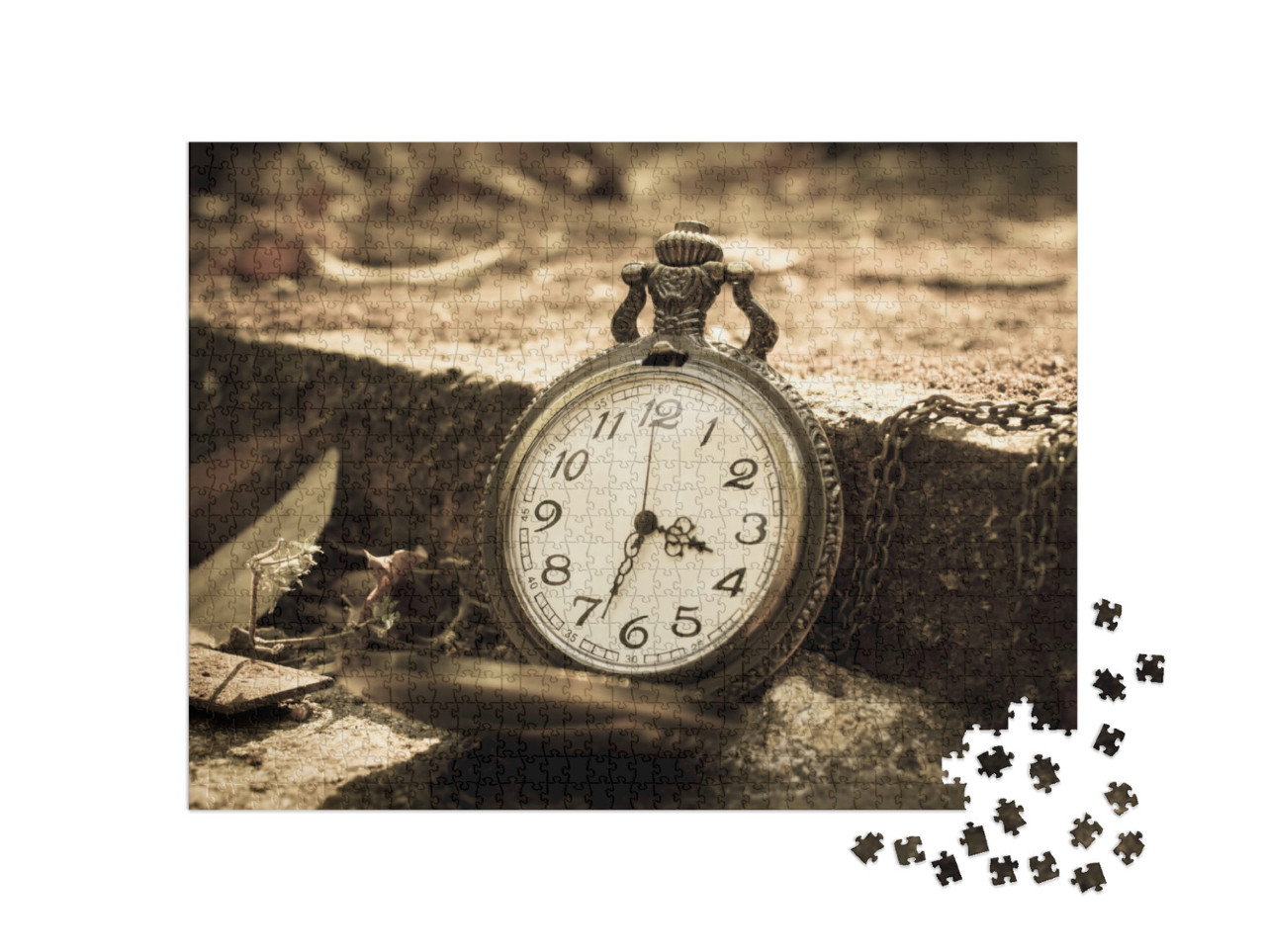 Puzzle 1000 Teile „Aufgeklappte Taschenuhr lehnt an Bordstein, Bild in Sepiafarben“