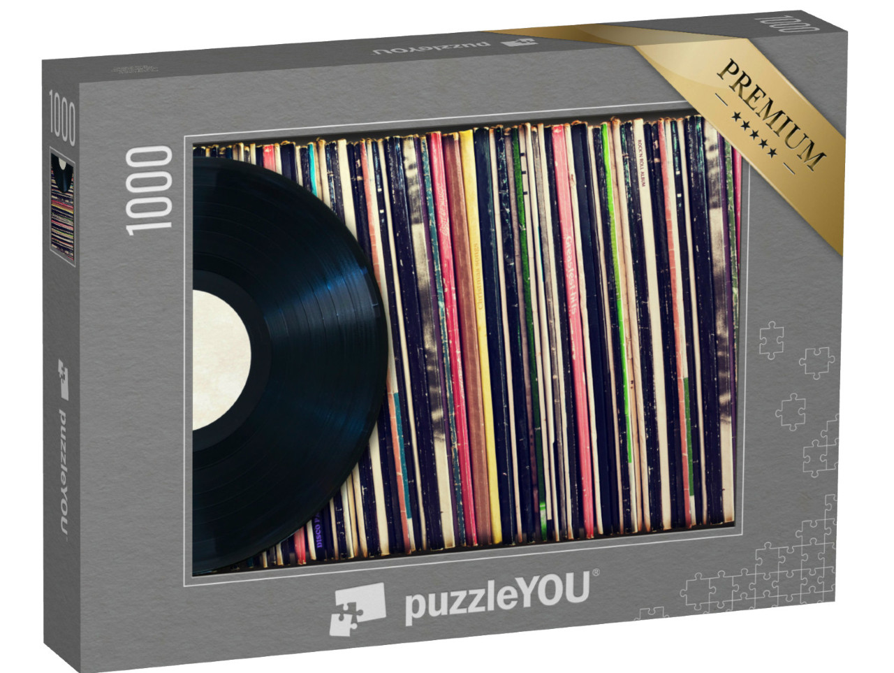 Puzzle 1000 Teile „Vinyl-Schallplatte vor einer Sammlung von Alben“