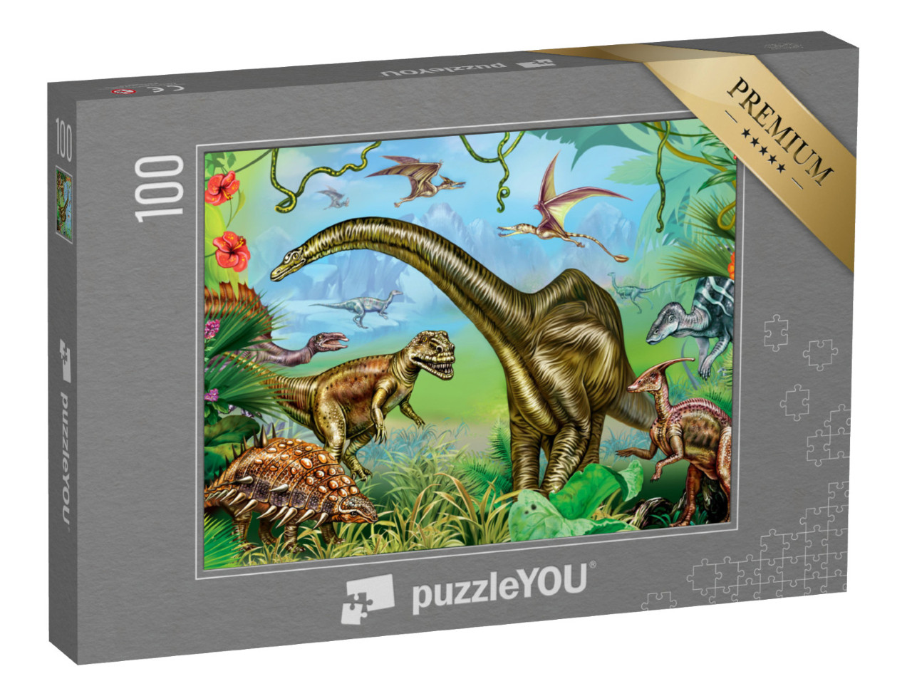 Puzzle 100 Teile „Alte Tropenlandschaft: Welt der beeindruckenden Dinosaurier“