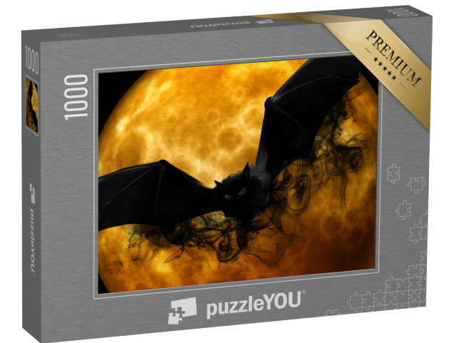 Puzzle 1000 Teile „Halloween: angsteinflößende Fledermaus vor einem orangefarbenen Mond“