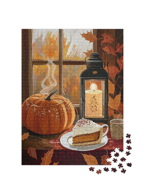 Puzzle 1000 Teile „Herbststimmung an Halloween mit Kürbis und Kuchen“