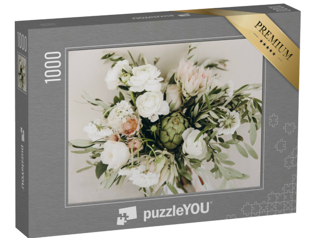 Puzzle 1000 Teile „Hochzeitsstrauß aus Blumen und Grün mit weißem Band“