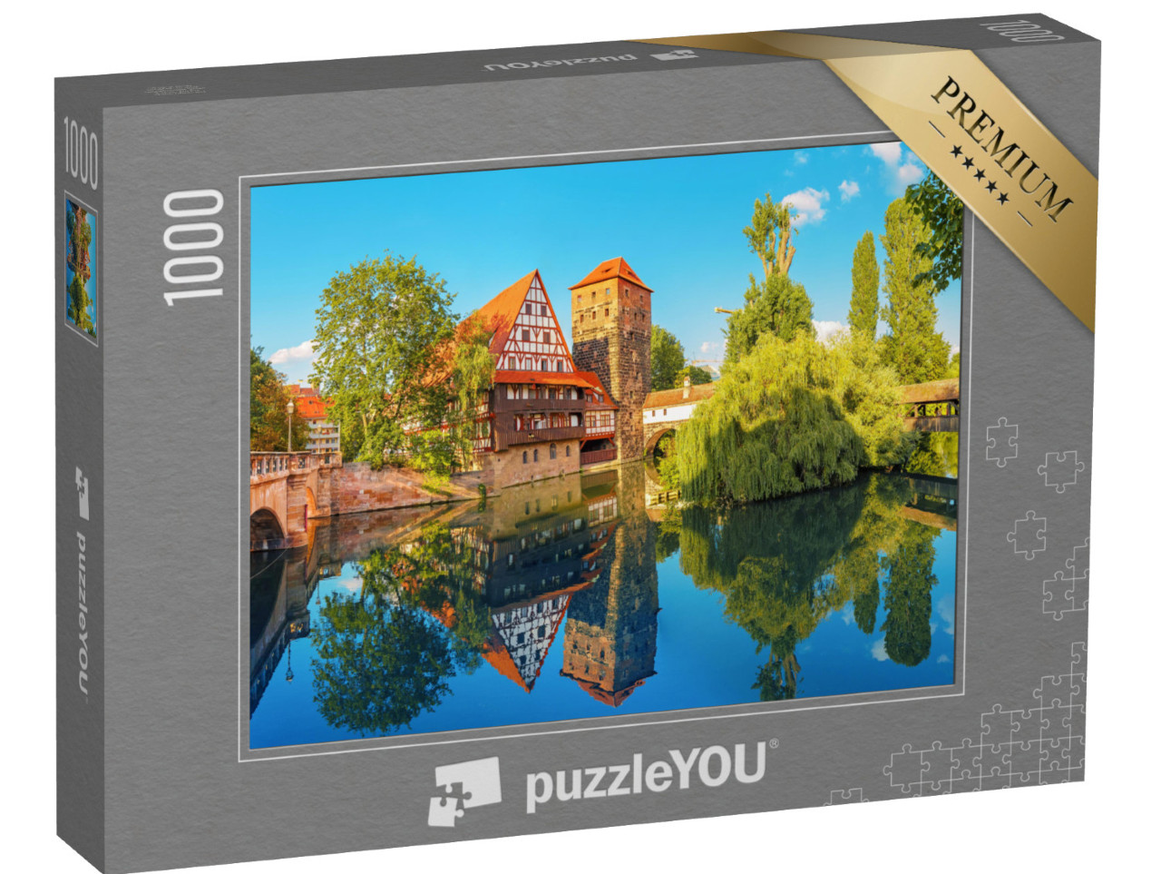 Puzzle 1000 Teile „Fachwerkhäuser am Ufer der Pegnitz, Nürnberg, Deutschland“