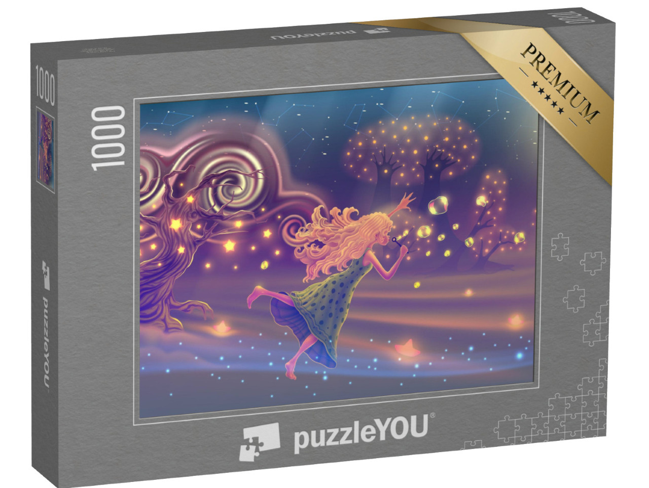 Puzzle 1000 Teile „Fantasy-Illustration: Träumendes Mädchen mit Seifenblasen“