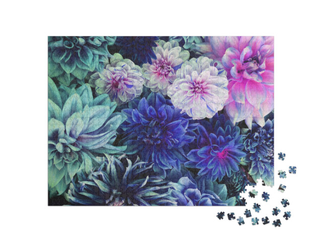 Puzzle 1000 Teile „Weiße und lila Dahlienblüten in voller Blüte“