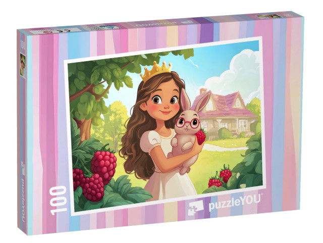 Puzzle 100 Teile „Eine Prinzessin mit ihrem süßen Hasen im Obstgarten“