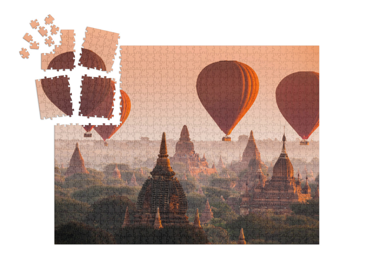 Puzzle „Heißluftballon über der Ebene von Bagan am nebligen Morgen, Myanmar“ | SMART SORTED® 1000 Teile