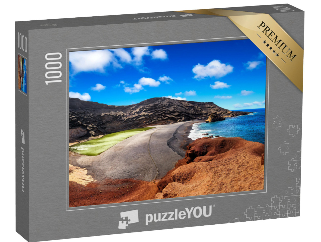 Puzzle 1000 Teile „Vulkankrater mit seinem grünen See bei El Golfo, Insel Lanzarote, Spanien“