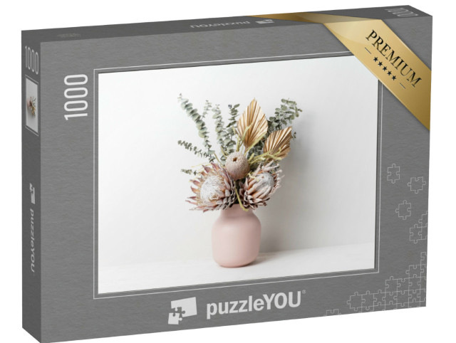 Puzzle 1000 Teile „Trockenblumenarrangement in einer stilvollen rosa Vase“