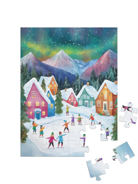 Puzzle 48 Teile „Kinder beim Eislaufen im magischen Winter-Wunderland“