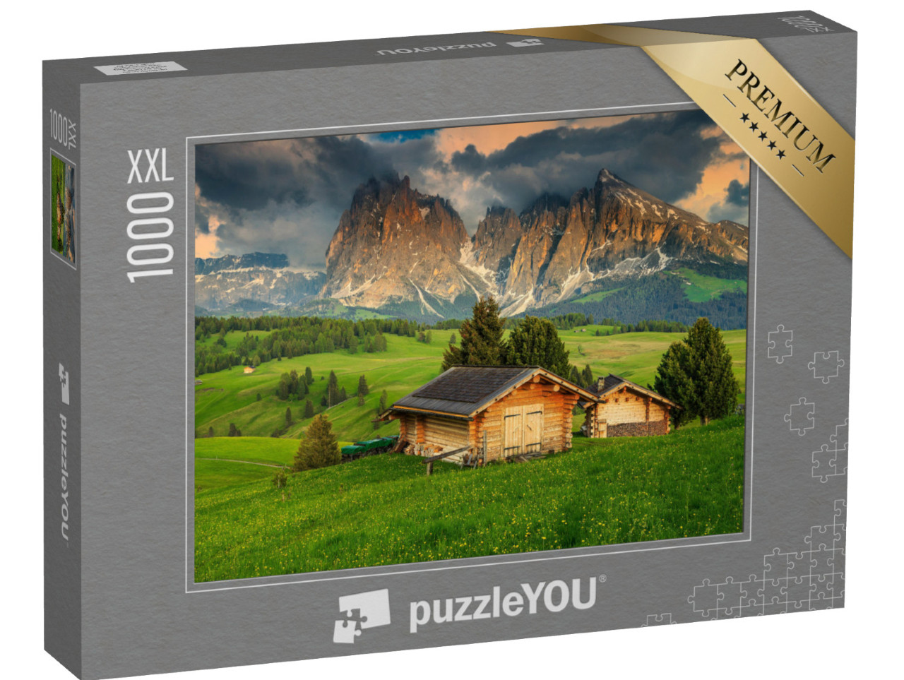 Puzzle 1000 Teile XXL „Frühling auf der Seiser Alm mit Langkofelgruppe, Dolomiten, Italien“