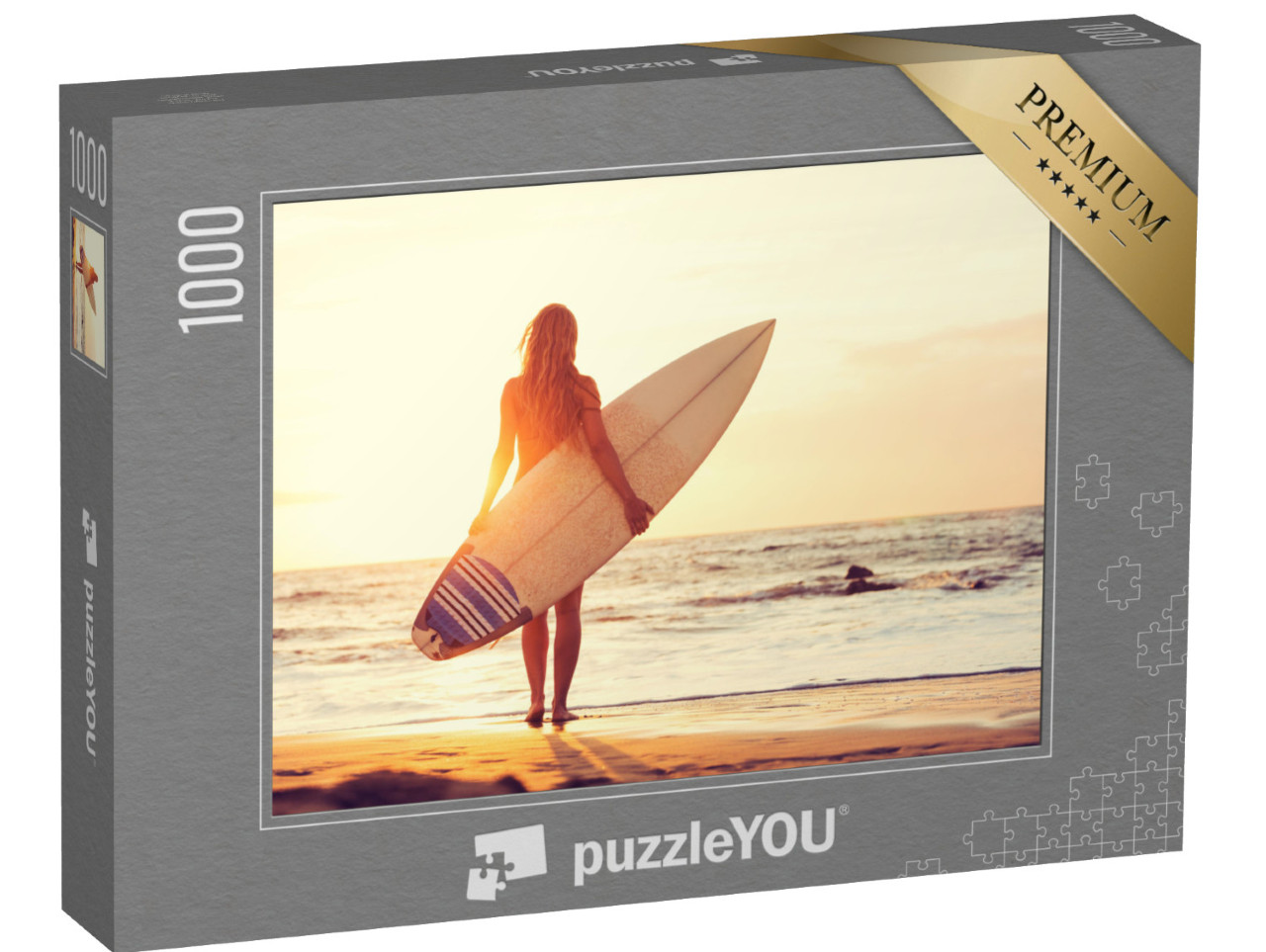 Puzzle 1000 Teile „Surferin am Strand bei Sonnenuntergang“