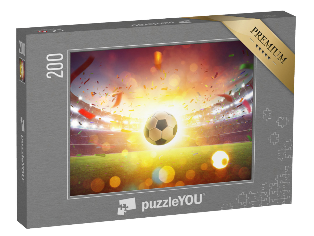 Puzzle 200 Teile „Schwimmender Fußball im Fußballstadion mit Rauch und Bokeh abstrakt“