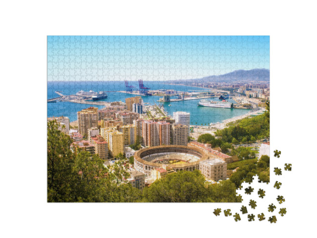 Puzzle 1000 Teile „Málaga mit Stierkampfarena und Hafen. Spanien“