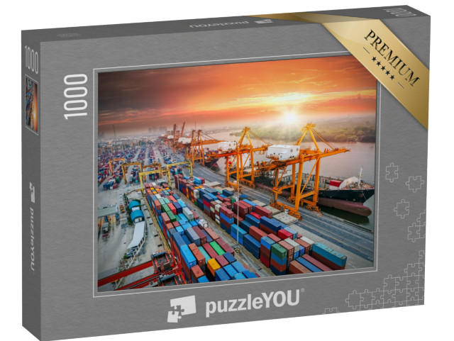 Puzzle 1000 Teile „Container-Frachtschiffe und Kranbrücken im Hafen“