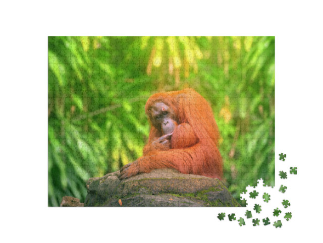 Puzzle 1000 Teile „Erwachsener Orang-Utan sitzend mit Dschungel als Hintergrund“