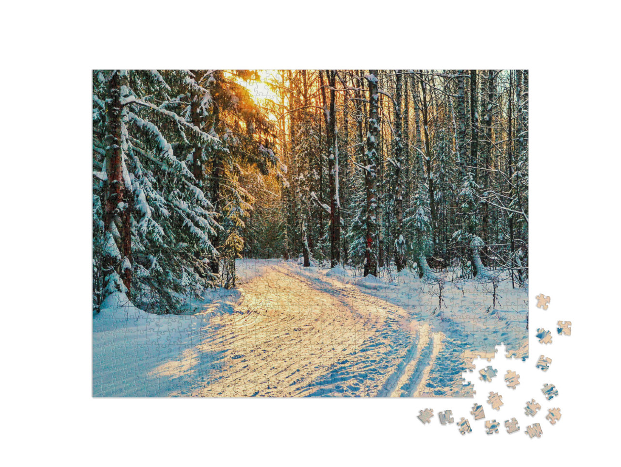 Puzzle 1000 Teile „Winterlicher Waldweg im verschneiten Wald mit Tannenbäumen“