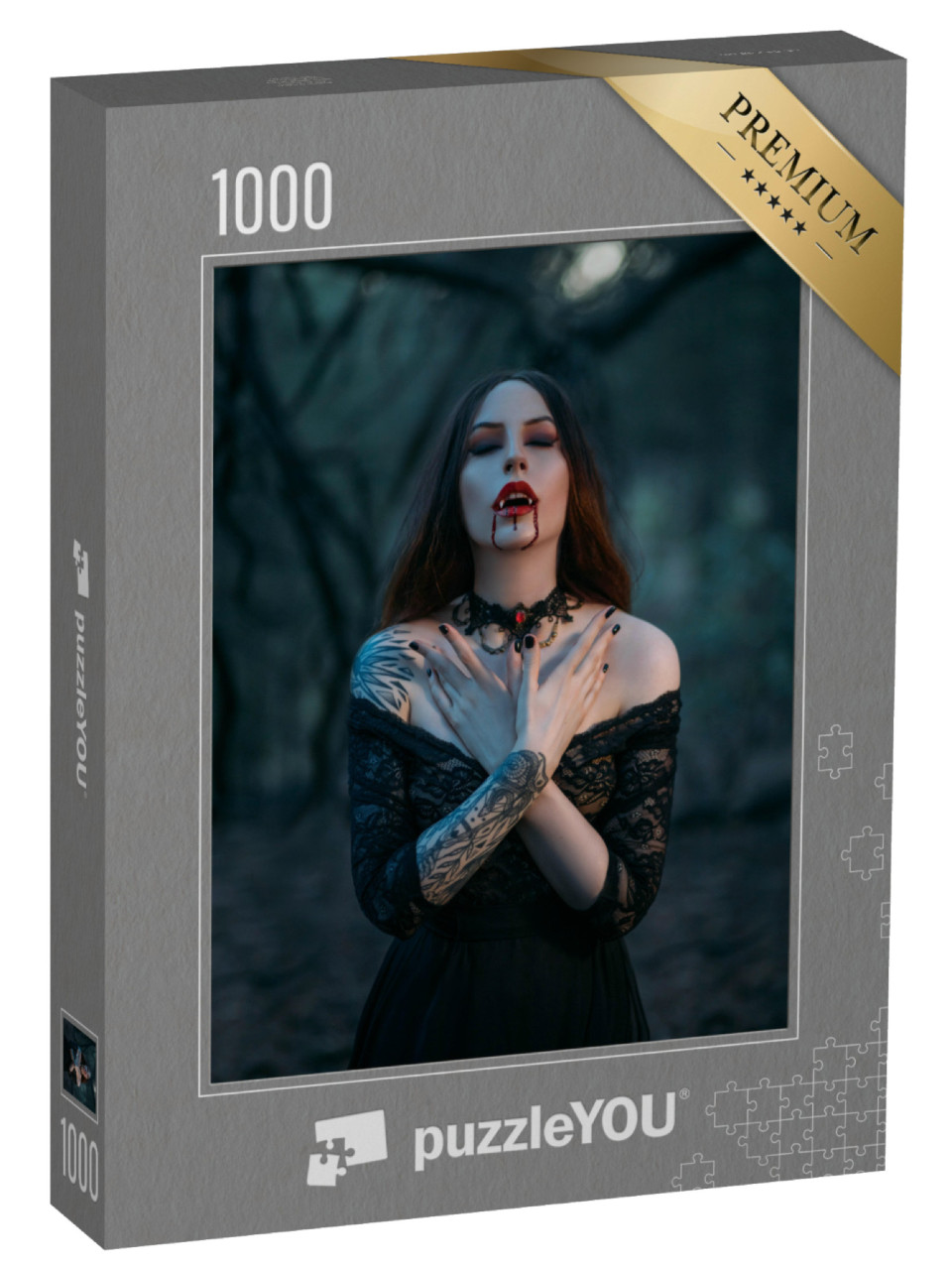 Puzzle 1000 Teile „Vampirfrau mit scharfen Reißzähnen, Blutstropfen auf roten Lippen“