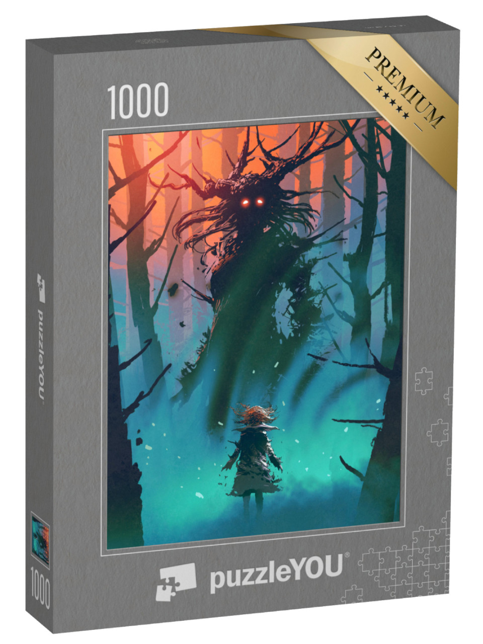 Puzzle 1000 Teile „Kleines Mädchen und eine Hexe schauen sich im Wald an, digitaler Kunststil“