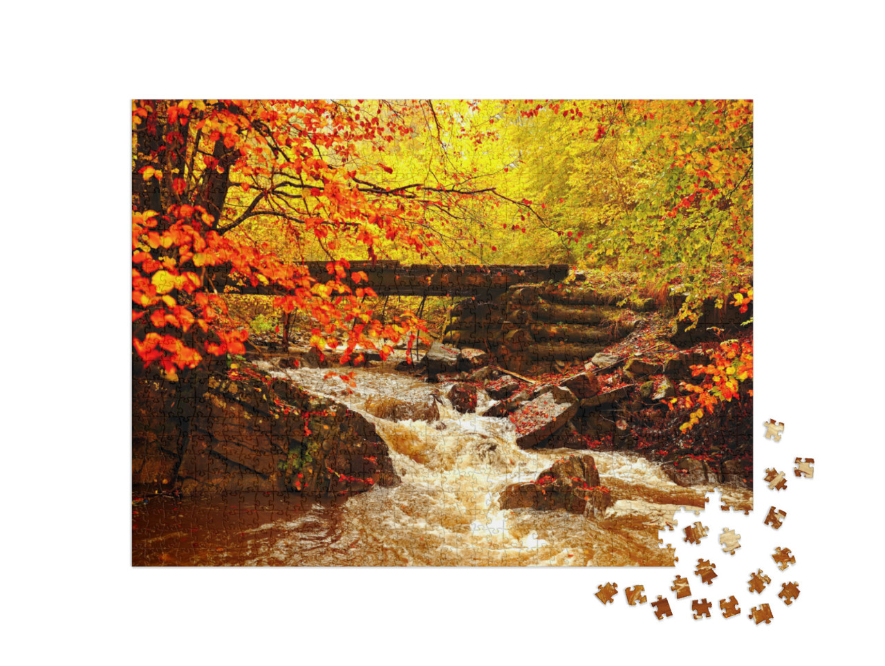 Puzzle 1000 Teile „Wunderschöne Herbstlandschaft am Bach im Wald“