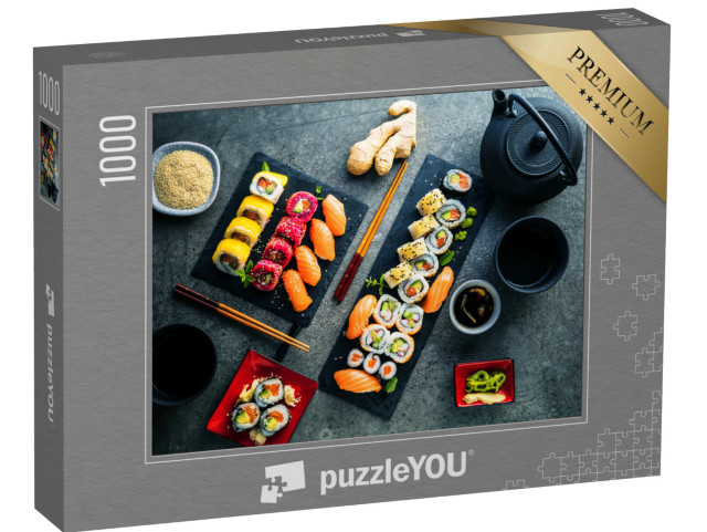 Puzzle 1000 Teile „Maki und Inside-Outside-Rollen mit Thunfisch, Lachs, Garnelen und Avocado“