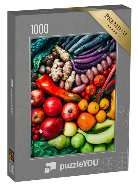 Puzzle 1000 Teile „Farblich sortierte Komposition von Früchten und Gemüse“
